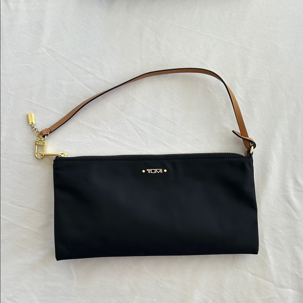 Tumi Black Wristlet with Tan Strap